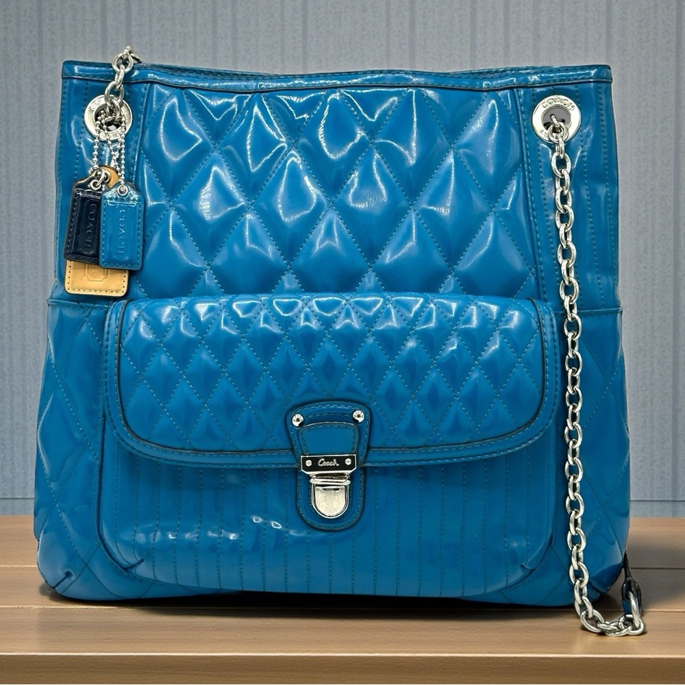 Vintage Coach Poppy Liquid Gloss Quilted Slim Tote Turquoise Teal Blue #19830